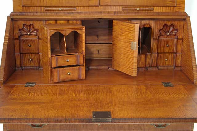 S.R. Chase Cabinetmakers|Pennsylvania Flat Top Secretary.Curly maple, aniline dye, shellac.