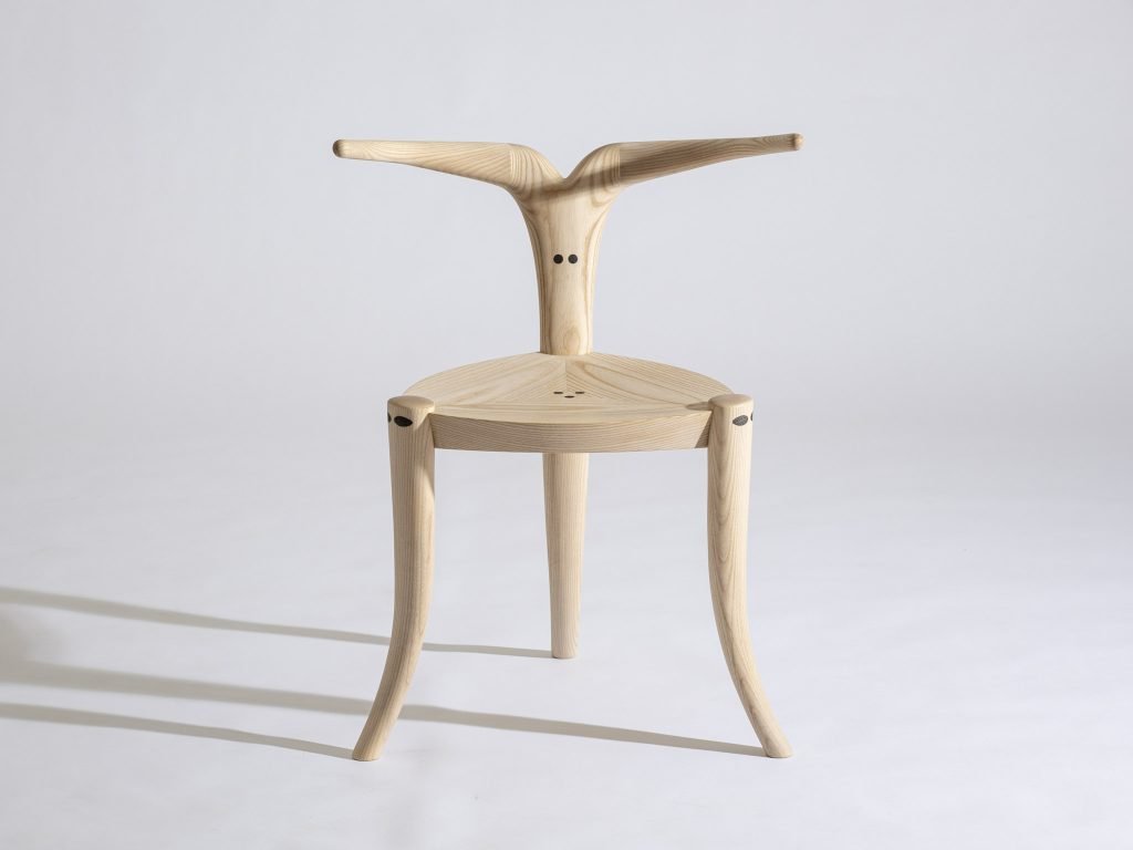 Jomo Tariku | Springfield, VA. White Ash Nyala Chair with Inlay, 2024. Ebonized ash 30” x 23.5” x 20”. NFS. Courtesy of Wexler Gallery.