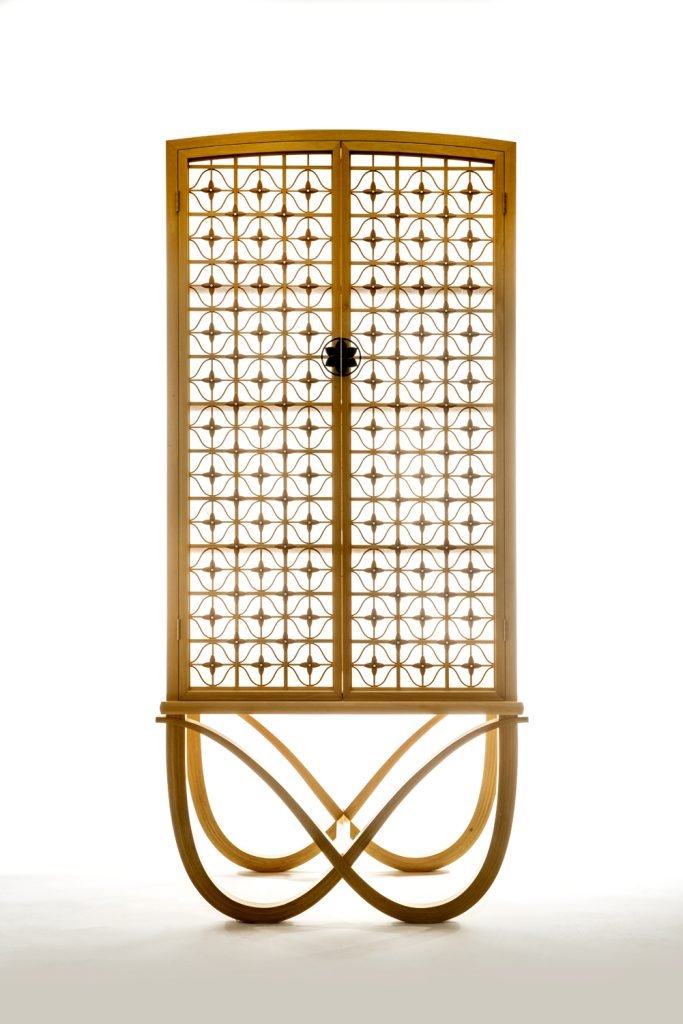 Michael Hurwitz | Philadelphia, PA. Lantern Cabinet, 2019. Yellowheart, silver, iron, turquoise, unryu paper over acrylic with epoxy. 76.75” x 35.5” x 21”. $120,000.