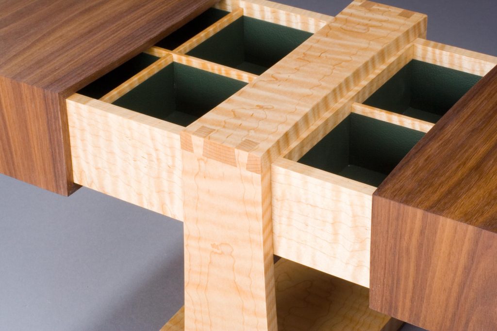 Libby Schrum | Camden, Maine. Jewelry Box, 2009. Cherry, quilted cherry, leather.